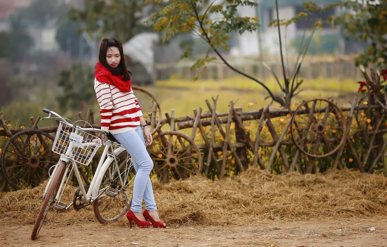 Photo wallpaper girl, bike, Asian