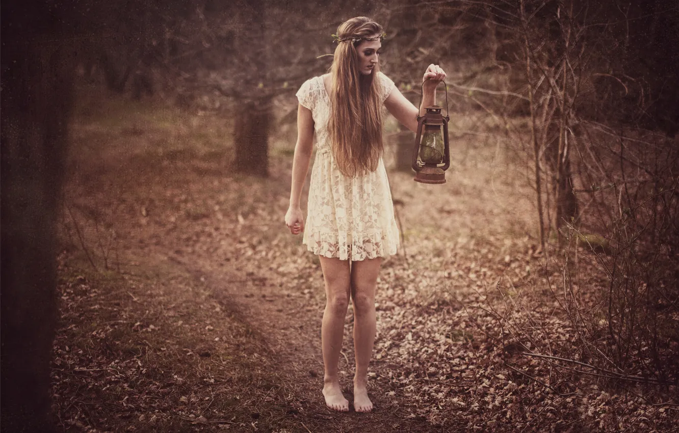 Photo wallpaper forest, girl, lamp, path