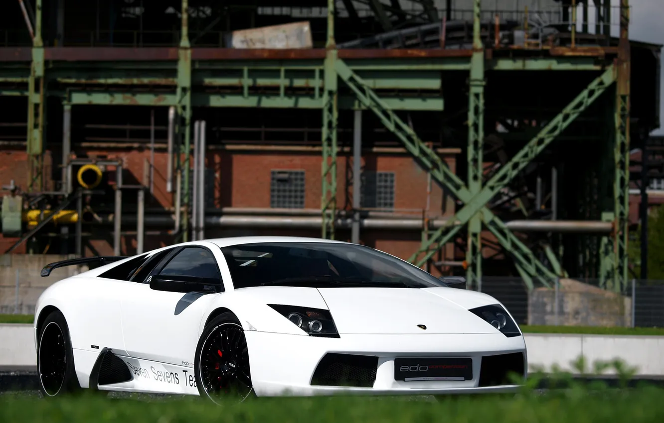 Photo wallpaper white, grass, tuning, building, Lamborghini, white, front view, murcielago