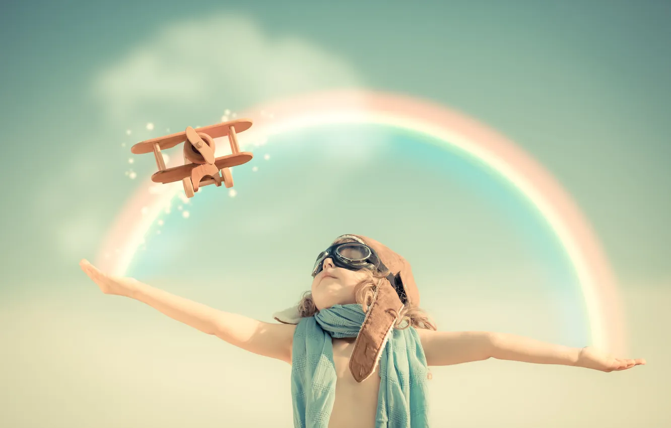 Photo wallpaper the sky, toy, the game, rainbow, the plane, child, pilot