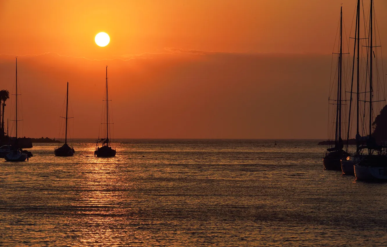 Photo wallpaper sea, the sun, clouds, sunset, Bay, yacht