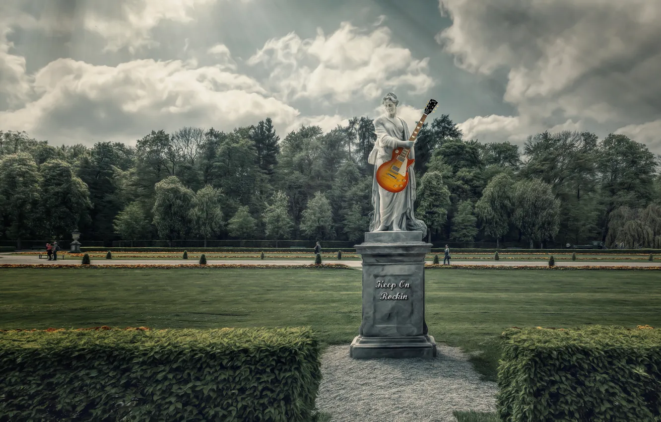 Photo wallpaper trees, Park, guitar, Statue