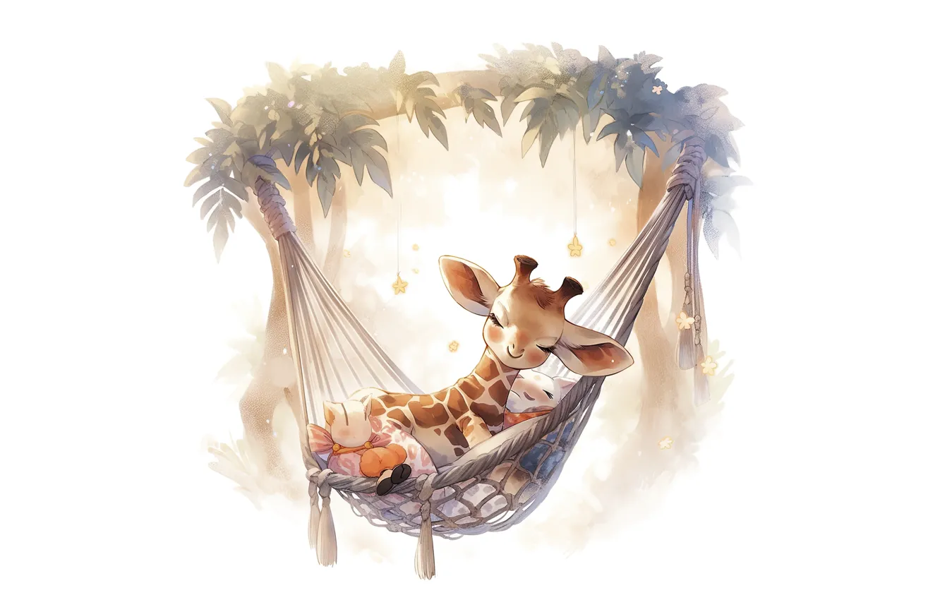 Photo wallpaper leaves, sleep, giraffe, watercolor, hammock, sleeping, white background, painting