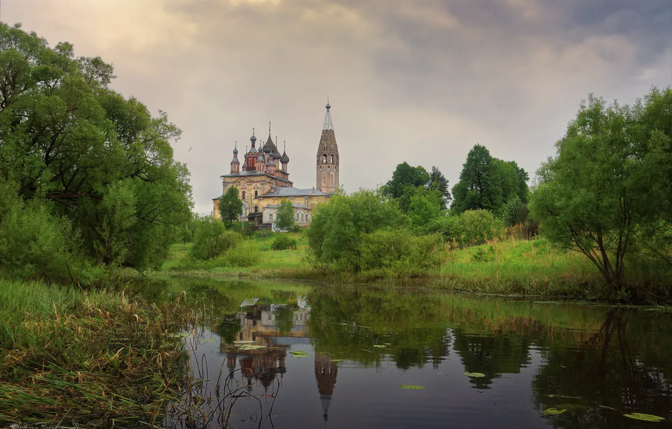 Photo wallpaper Agoranov Alex, reflection, Church, nature, trees, summer, river