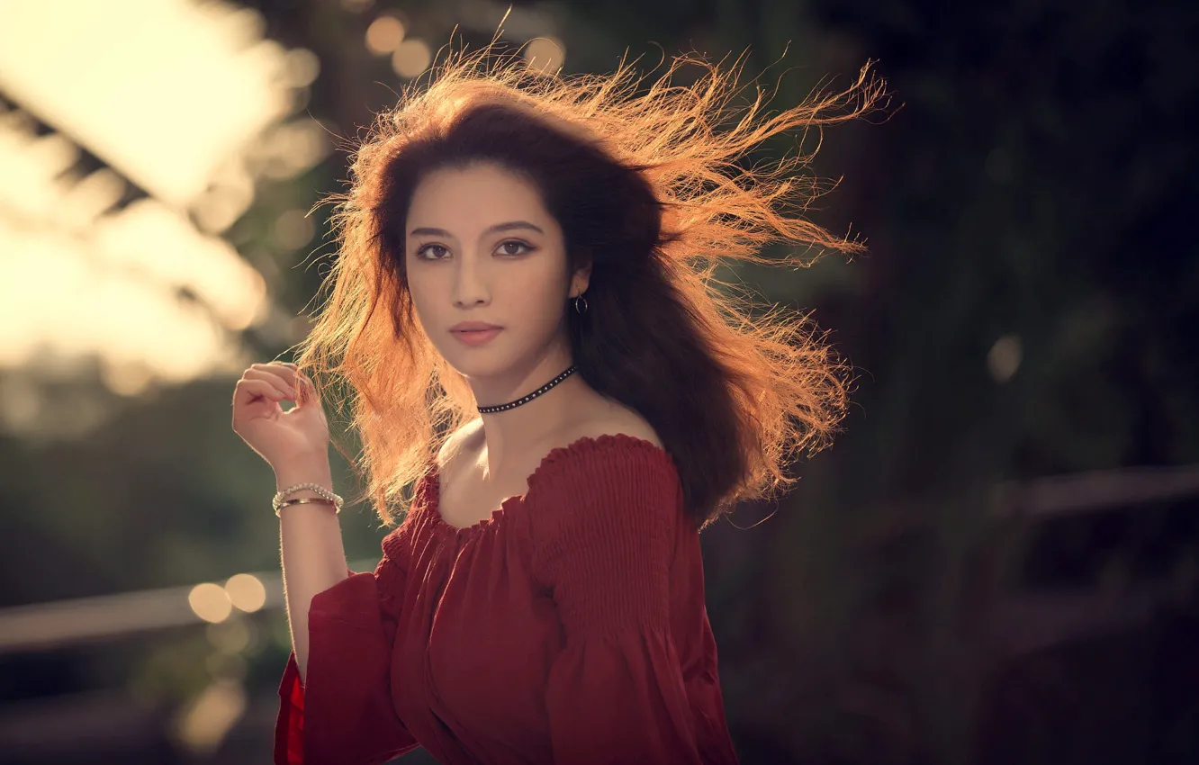 Photo wallpaper girl, light, decoration, earrings, dress, brunette, bracelet, Asian