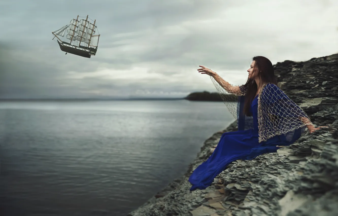 Photo wallpaper sea, the sky, dream, girl, landscape, blue, clouds, pose