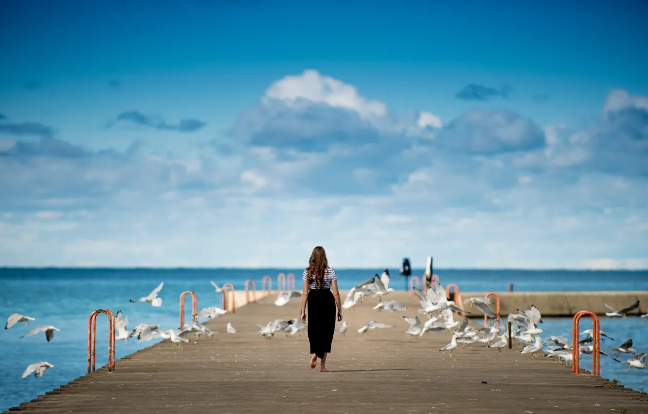 Photo wallpaper sea, summer, the sky, girl, clouds, bridge, blue, bird