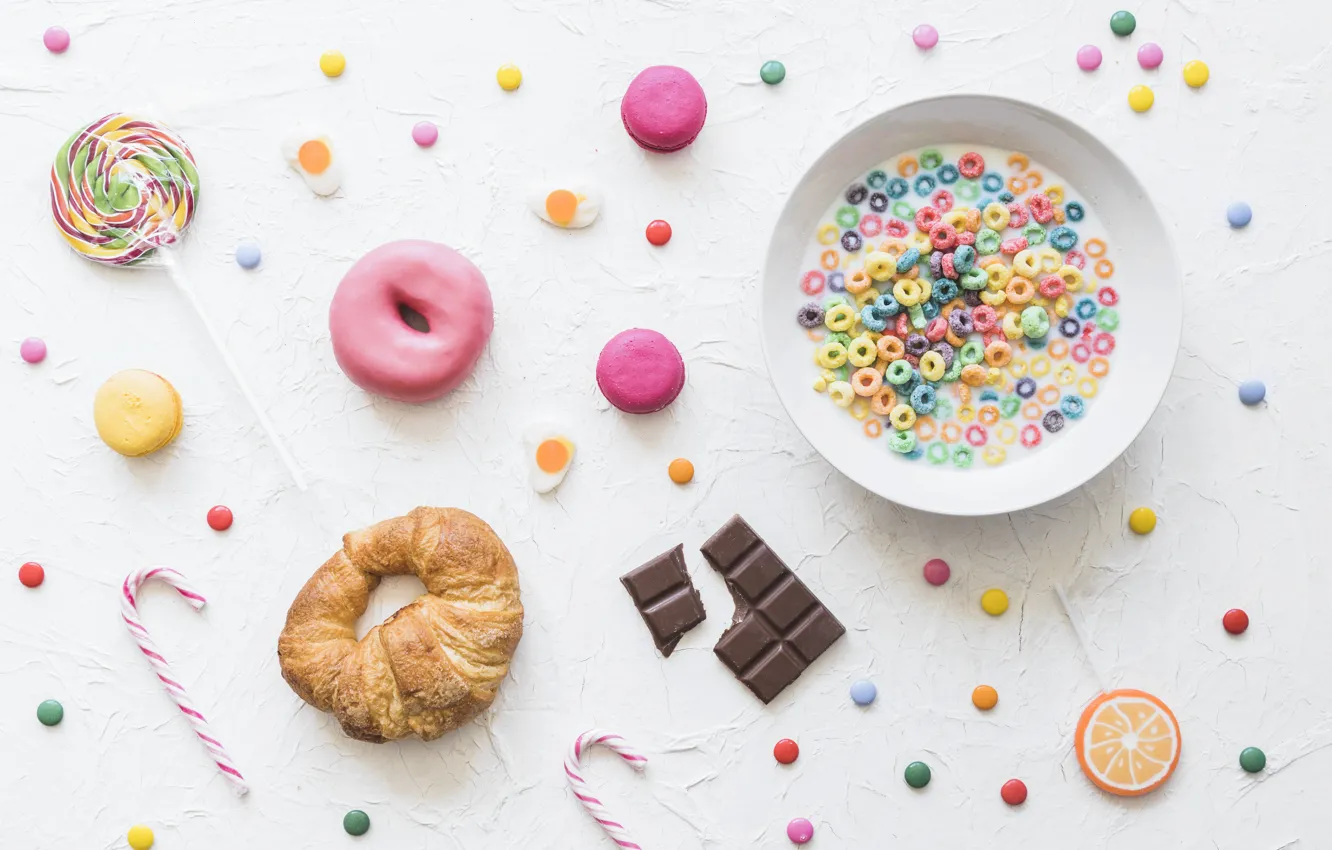 Photo wallpaper food, Breakfast, milk, donuts, wood, Colorful