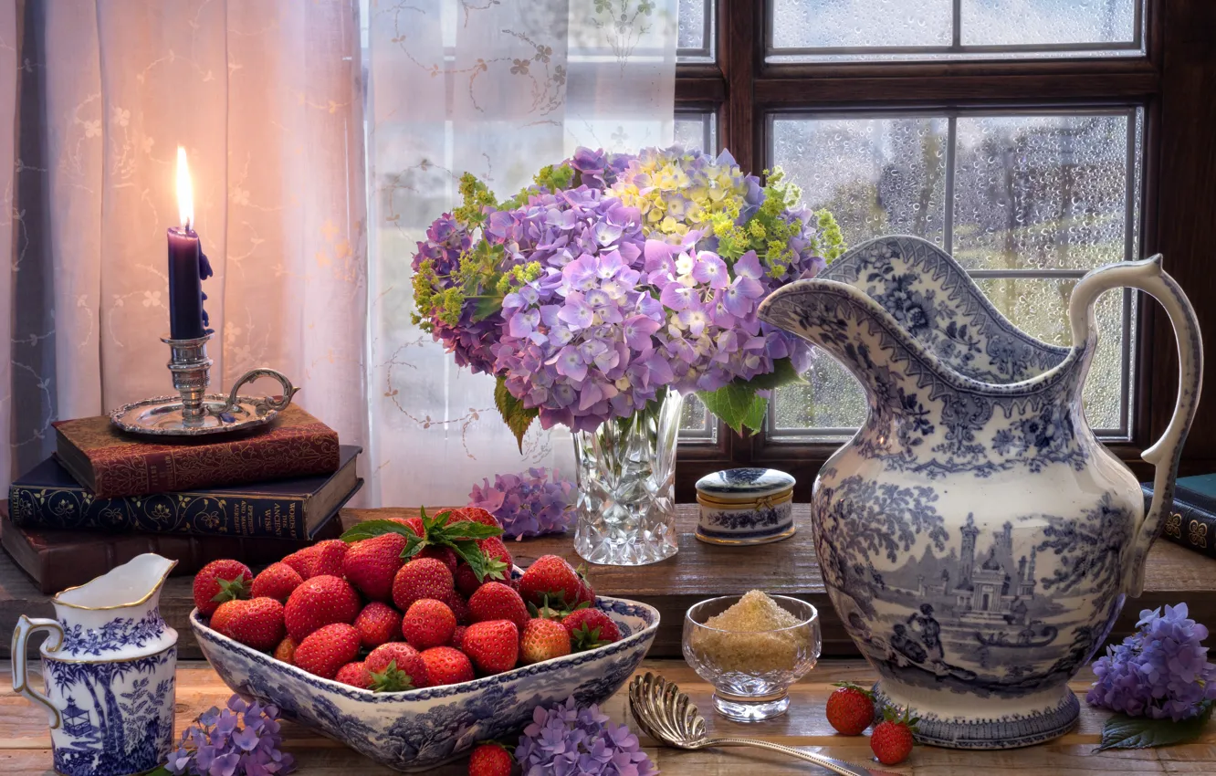 Photo wallpaper flowers, style, berries, books, candle, window, strawberry, sugar