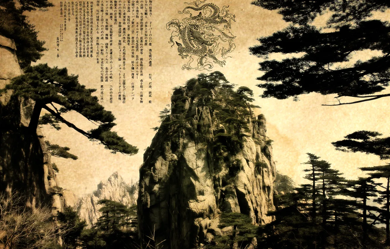Photo wallpaper mountains, dragon, China, characters, pine