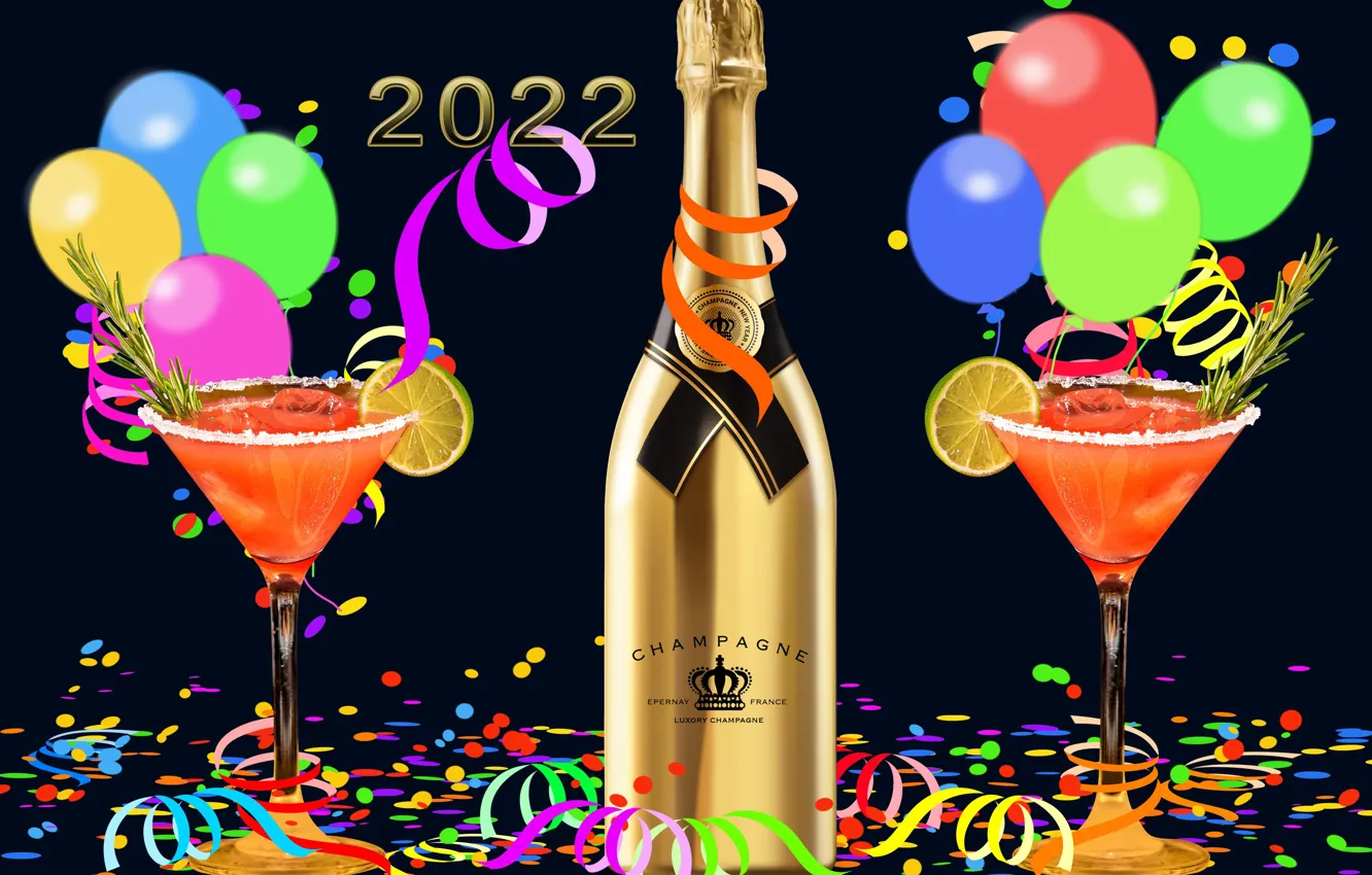 Photo wallpaper balls, bottle, new year, salute, fireworks, champagne, the dark background, Bakaly