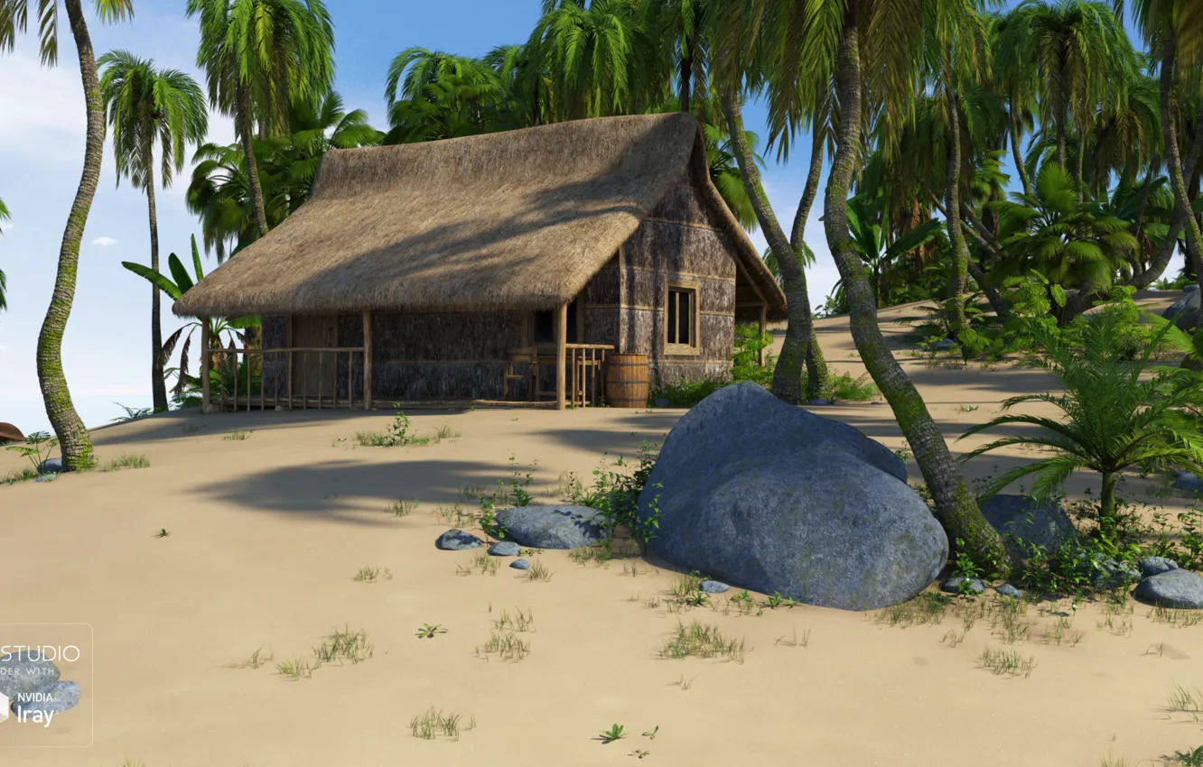 Photo wallpaper stones, palm trees, barrel, buildings, SecludedIsland