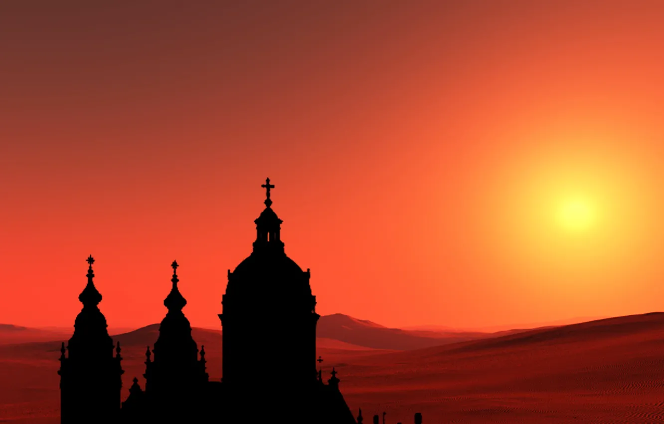 Photo wallpaper sky, sunset, sun, buildings