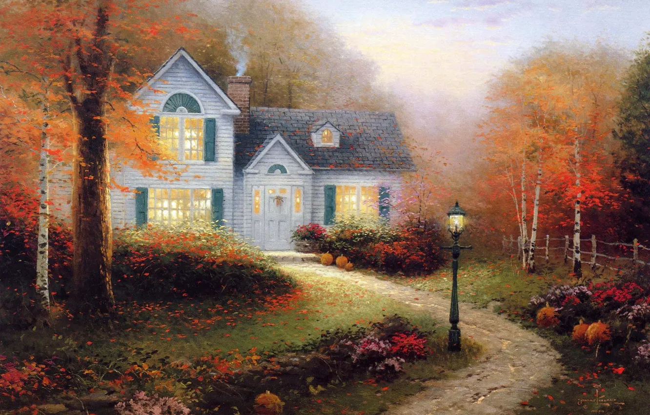 Photo wallpaper autumn, light, smoke, picture, lantern, painting, cottage, Thomas kinkade