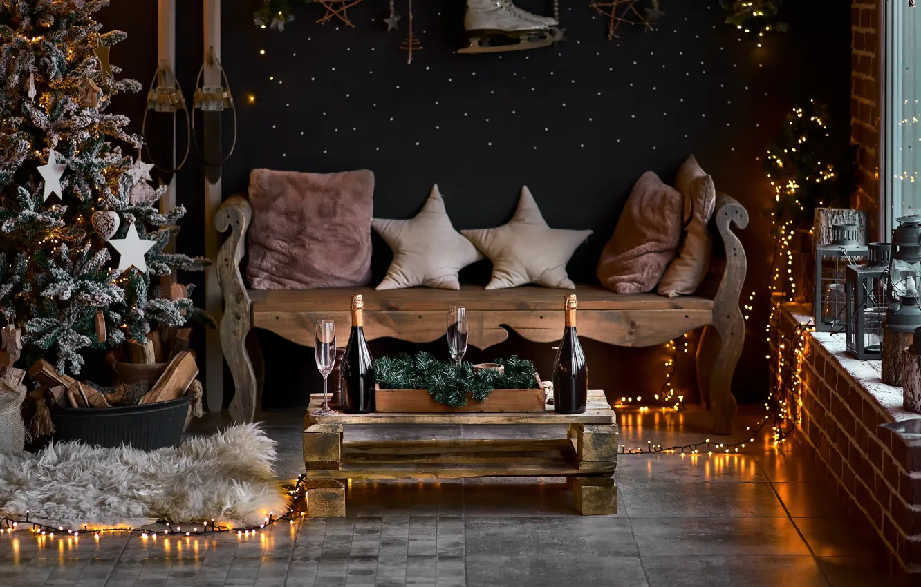 Photo wallpaper decoration, room, gift, balls, tree, new year, interior, Christmas