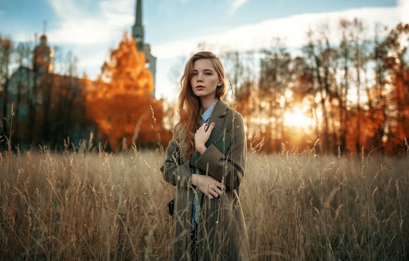 Photo wallpaper field, grass, look, the sun, trees, sunset, model, portrait