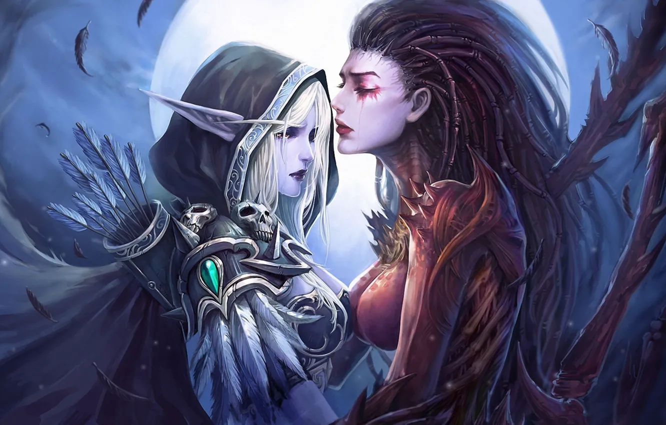 Photo wallpaper girl, the moon, wings, feathers, tears, art, hood, starcraft