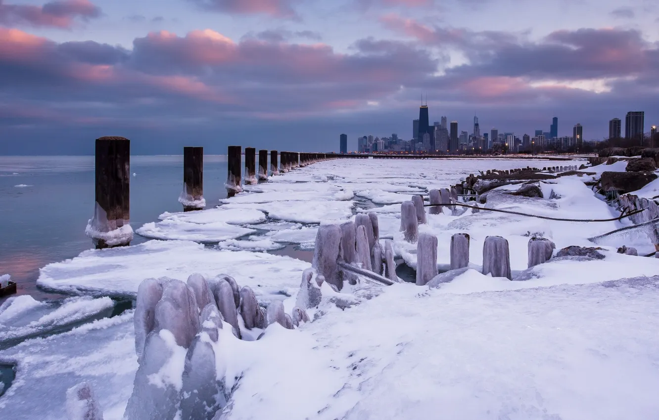 Photo wallpaper winter, snow, city, skyscrapers, USA, America, Chicago, Chicago
