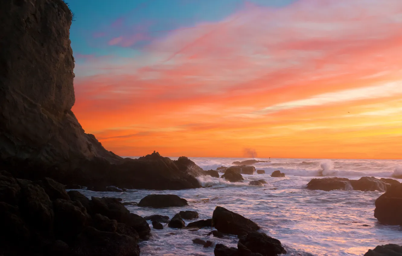 Photo wallpaper sea, stones, rocks, dawn, surf