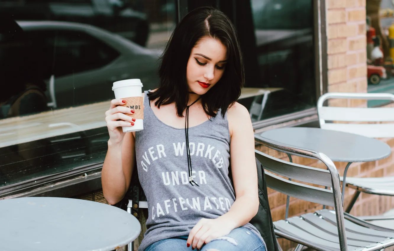 Photo wallpaper girl, street, coffee, brunette, sitting