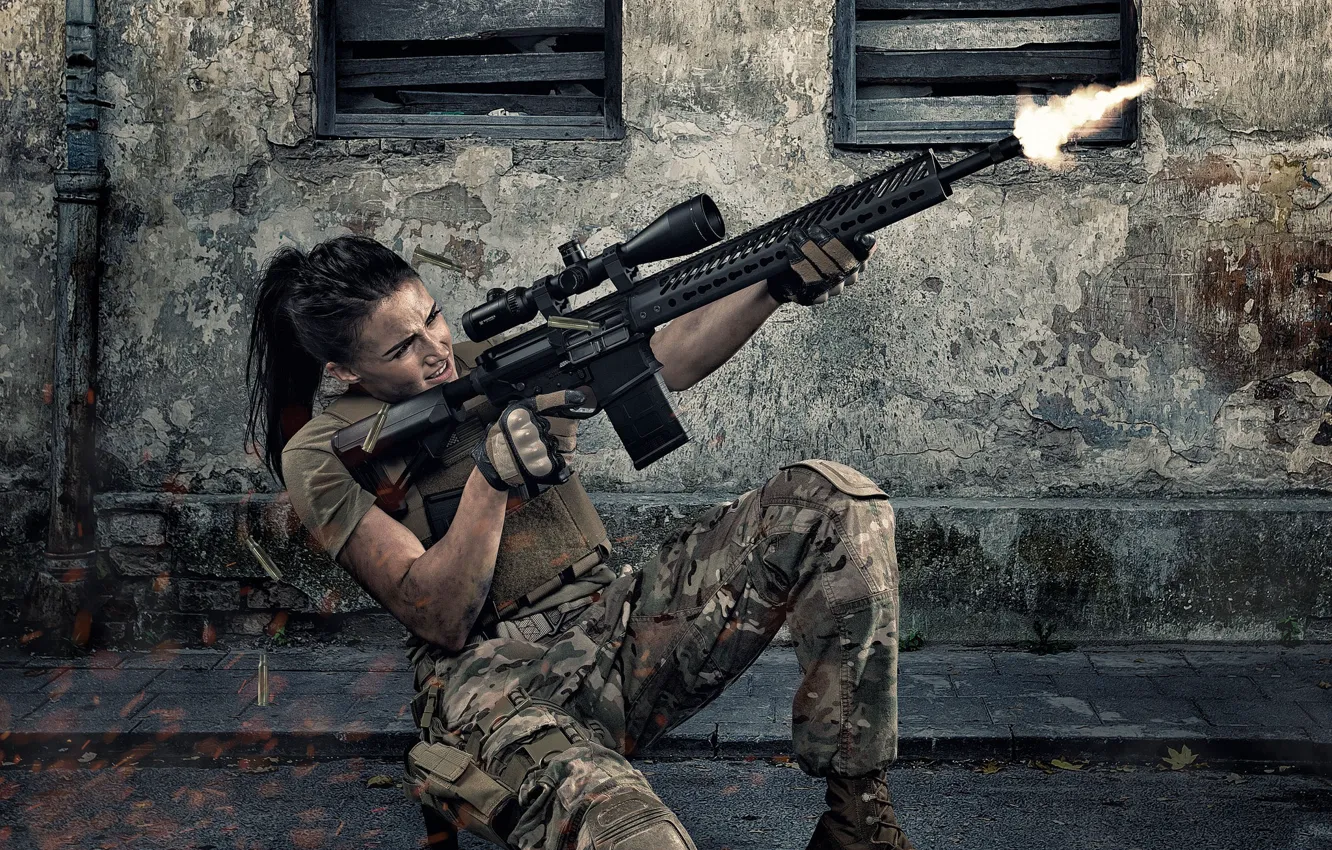 Photo wallpaper girl, face, weapons, shooting, form, assault rifle, fire