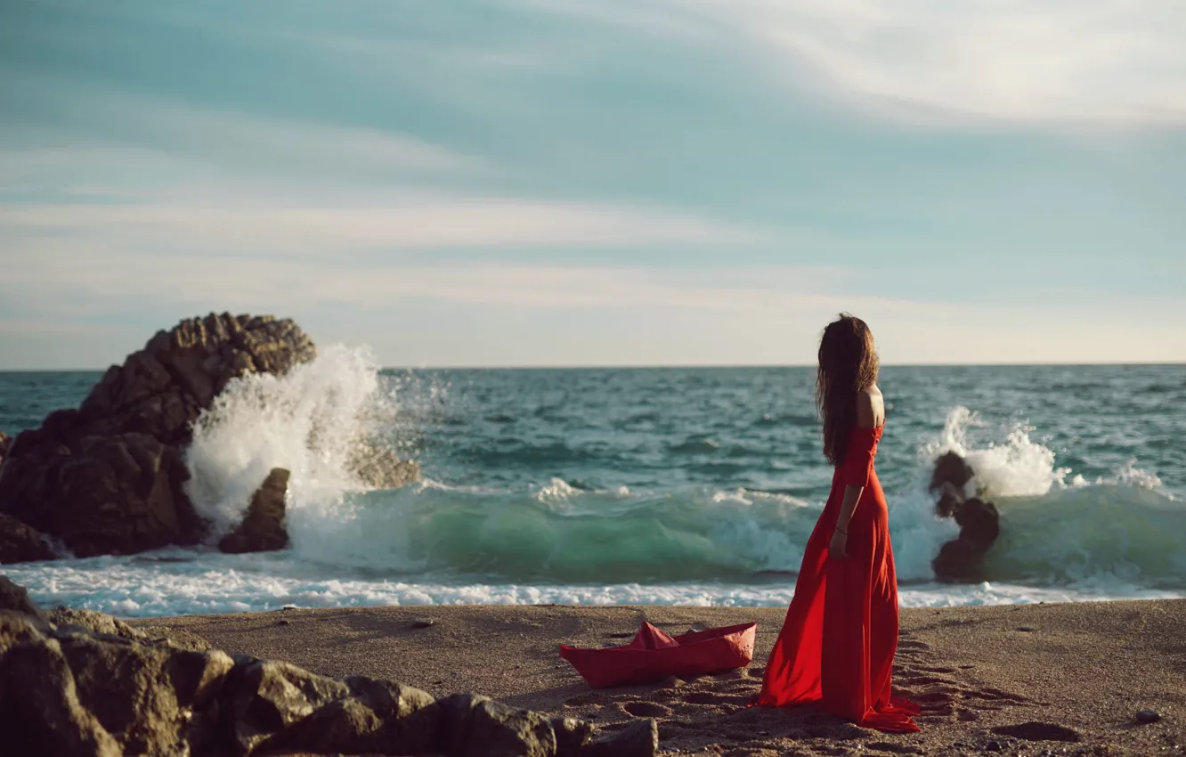Photo wallpaper sea, wave, girl, the wind, shore, dress, boat