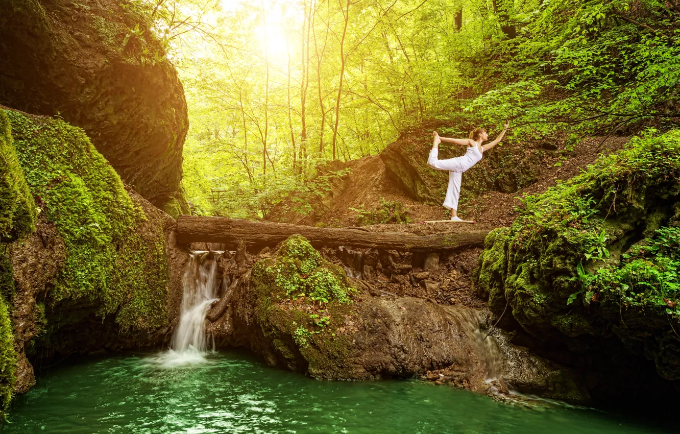Photo wallpaper forest, girl, trees, pose, waterfall, moss, Mike, yoga
