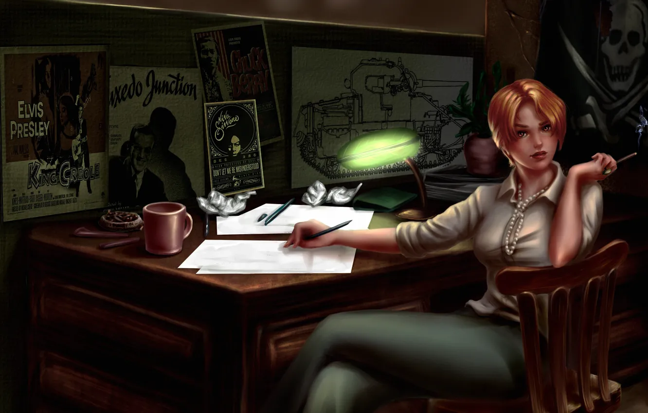 Photo wallpaper girl, table, cigarette, chair, red