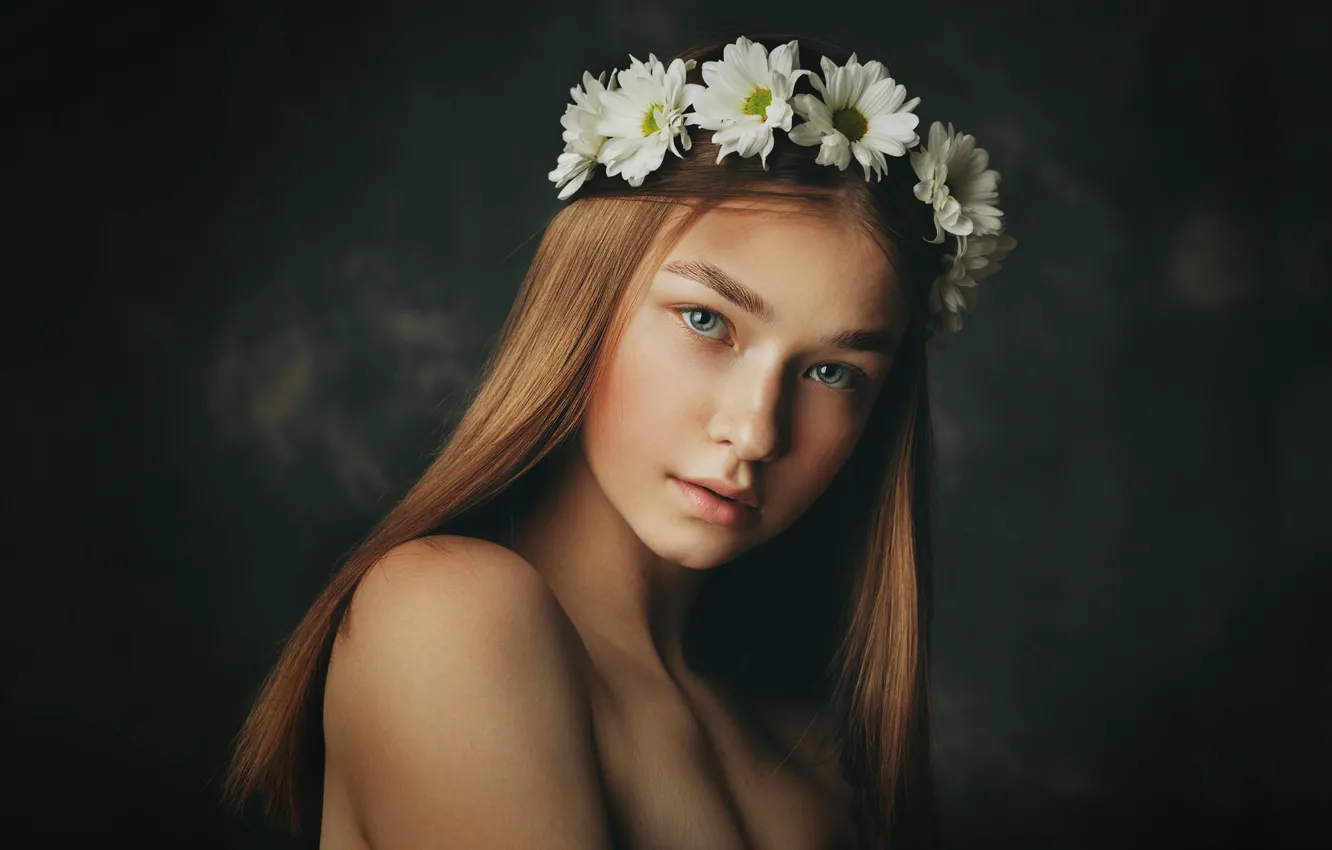 Photo wallpaper look, girl, wreath, eyes, pretty, lips, face, Anton Zhilin
