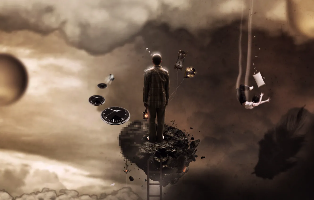 Photo wallpaper stones, fiction, watch, people, sleep, lights, ladder, fantasy