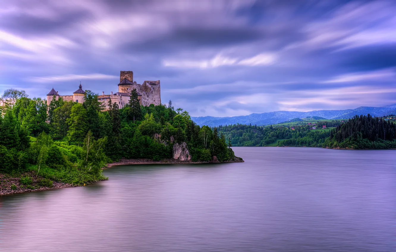 Photo wallpaper clouds, trees, clouds, lake, castle, hills