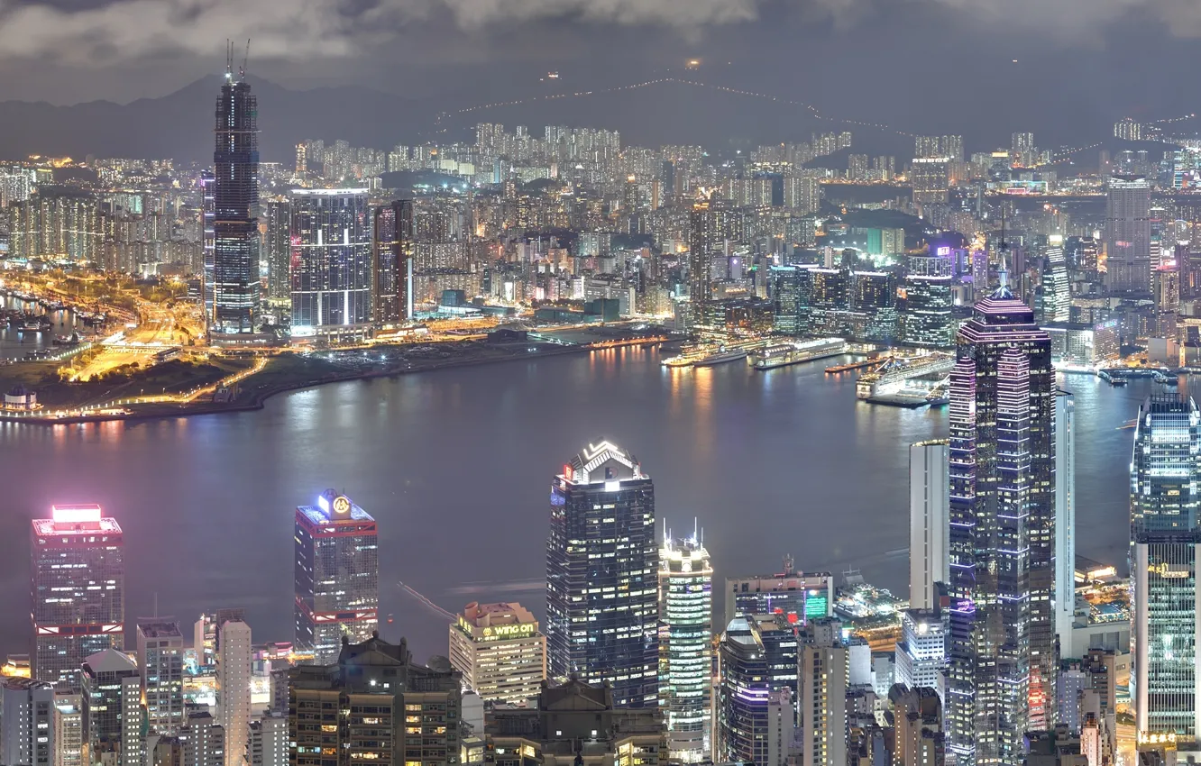 Photo wallpaper night, city, the city, skyscrapers, night, Hong Kong