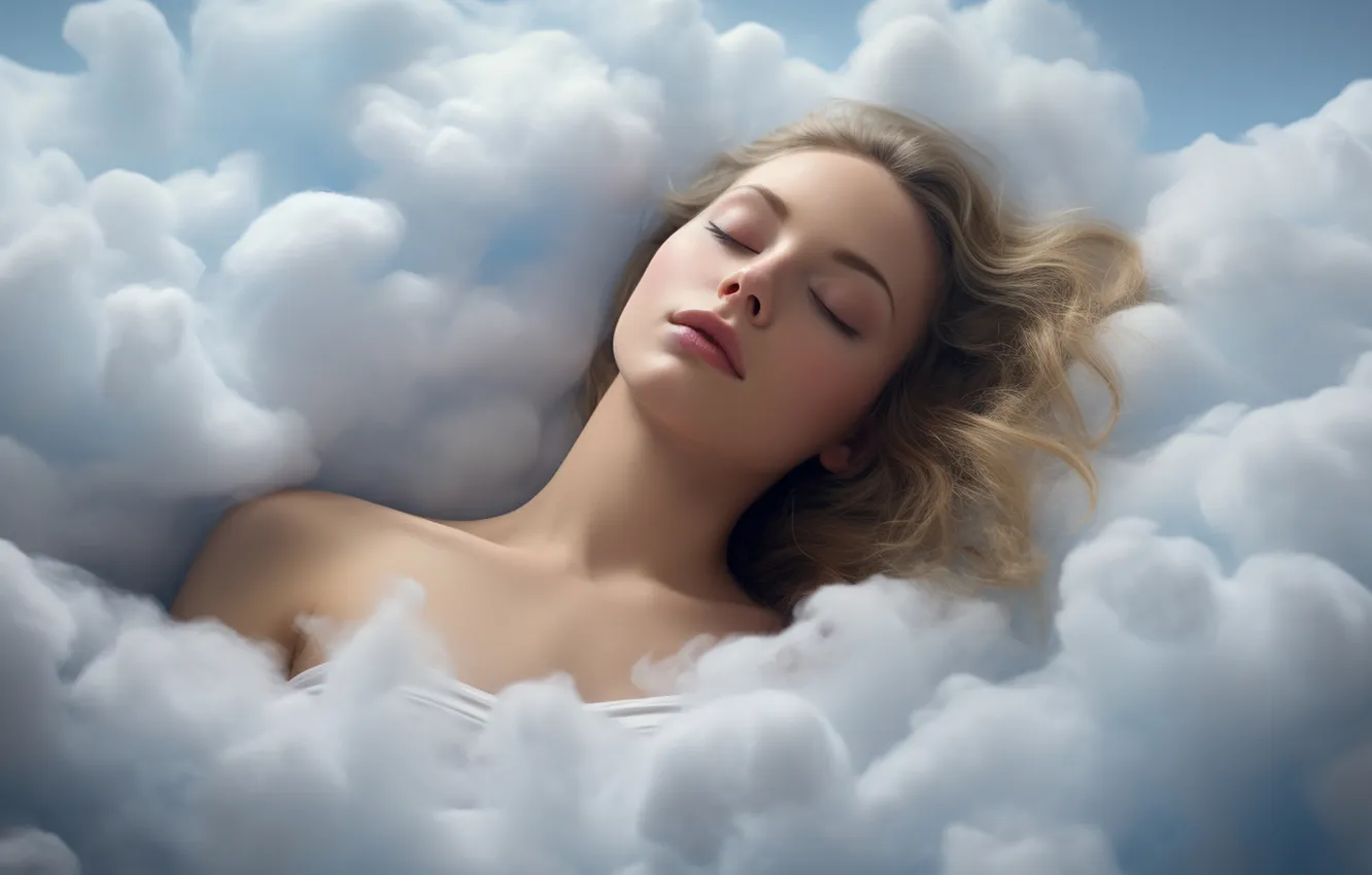 Photo wallpaper the sky, girl, clouds, dreams, face, fantasy, heaven, height