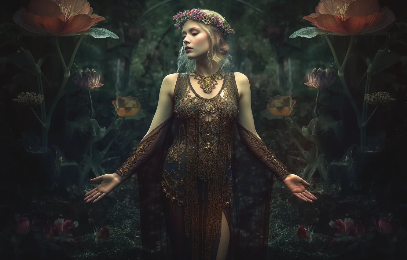 Photo wallpaper girl, decoration, flowers, nature, the dark background, pattern, hands, dress