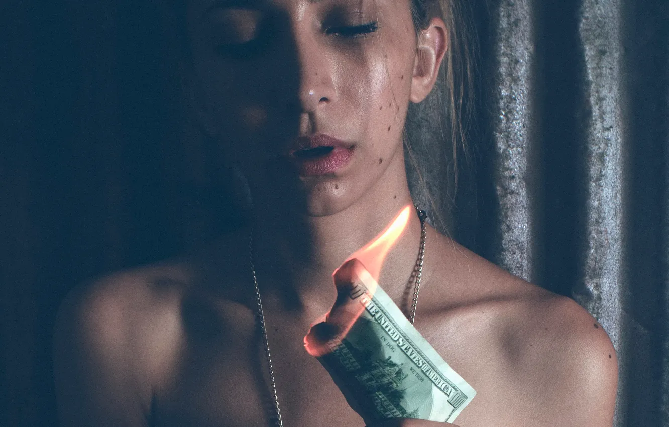 Photo wallpaper girl, fire, dollars, bill