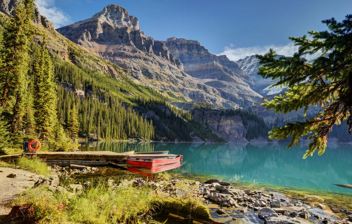 Photo wallpaper forest, mountains, lake, Marina, boats, ate, Canada, Canada