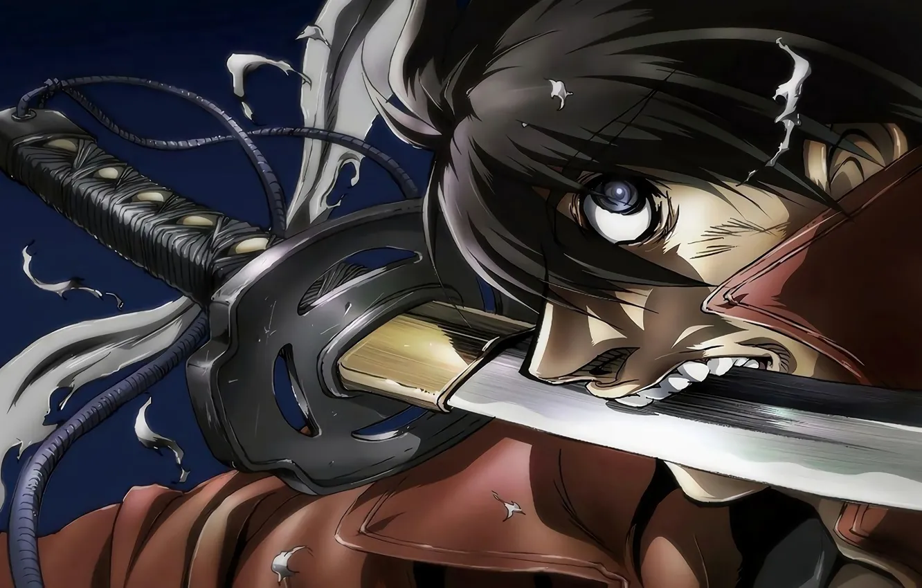 Photo wallpaper sword, teeth, anime, art, samurai, guy, Drifters