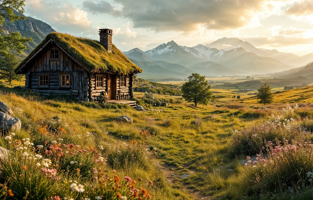 Photo wallpaper the sky, mountains, clouds, nature, home, meadow, hut, landscape