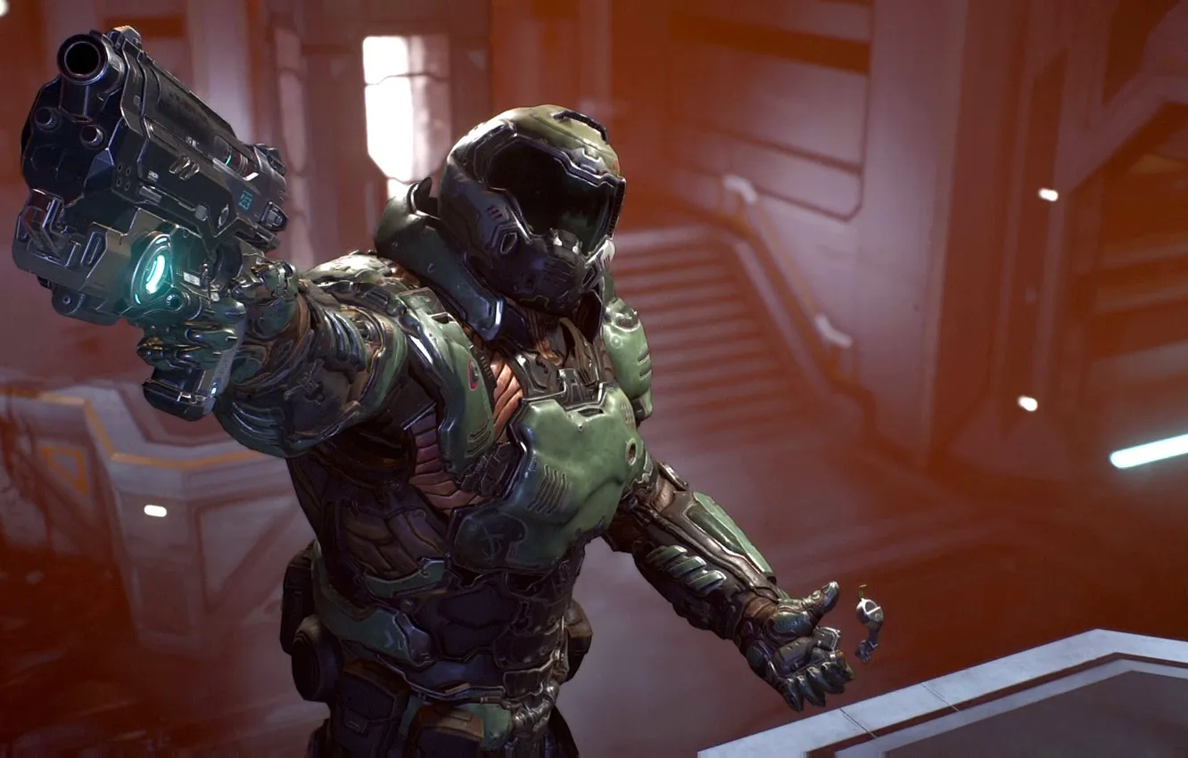 Photo wallpaper look, weapons, soldiers, armor, Bethesda, Doom, id Software, doomguy