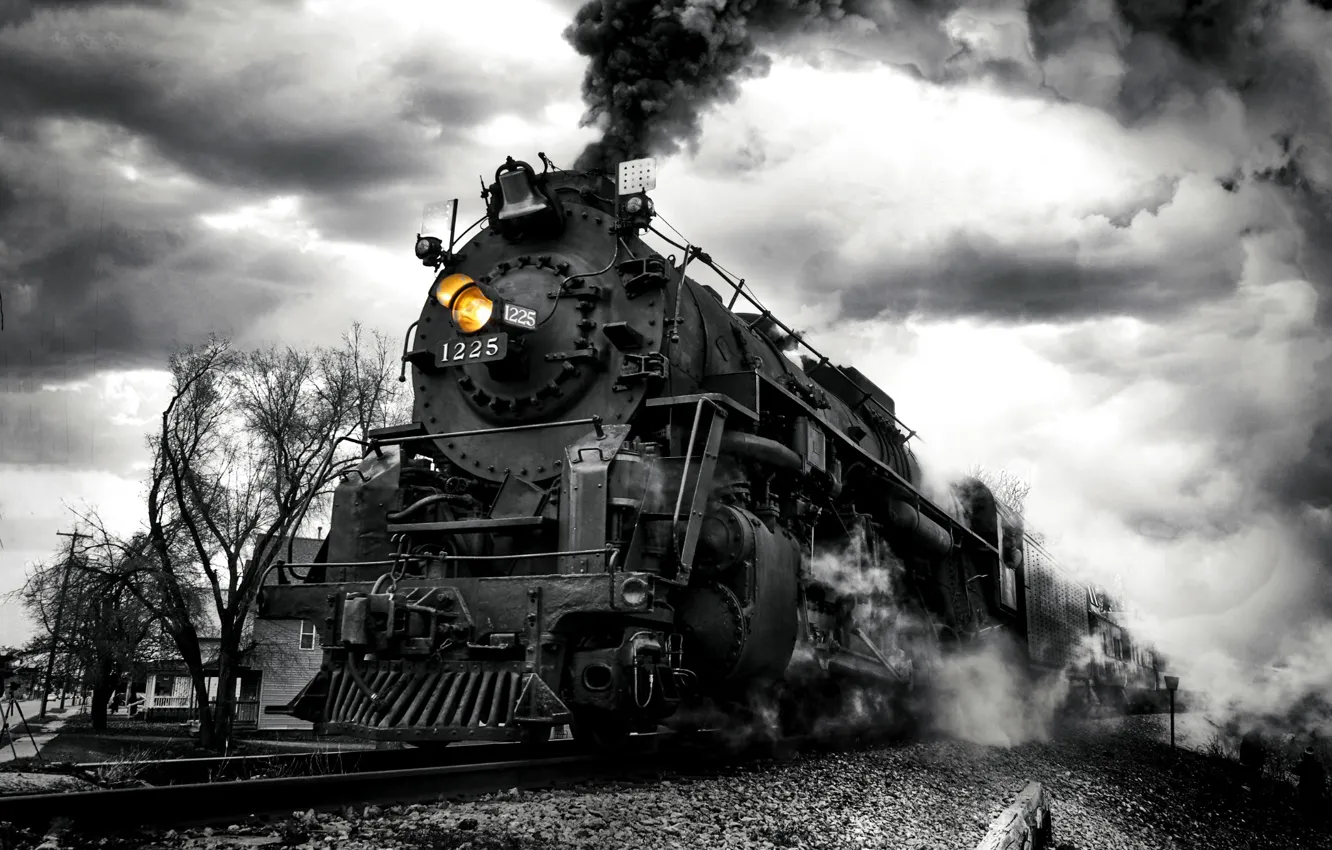 Photo wallpaper smoke, train, the engine, black and white, monochrome, mound, Our engine is flying ahead!