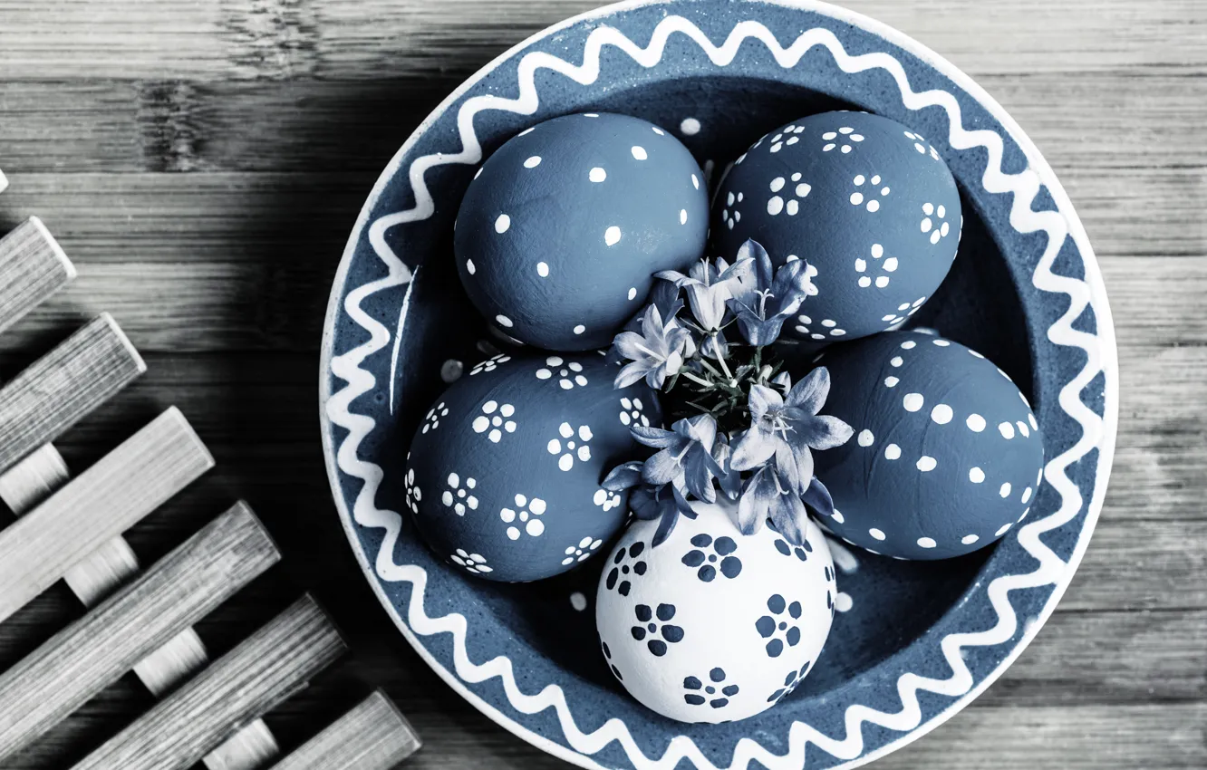 Photo wallpaper flowers, holiday, Board, eggs, Easter, bowl, grille, Easter