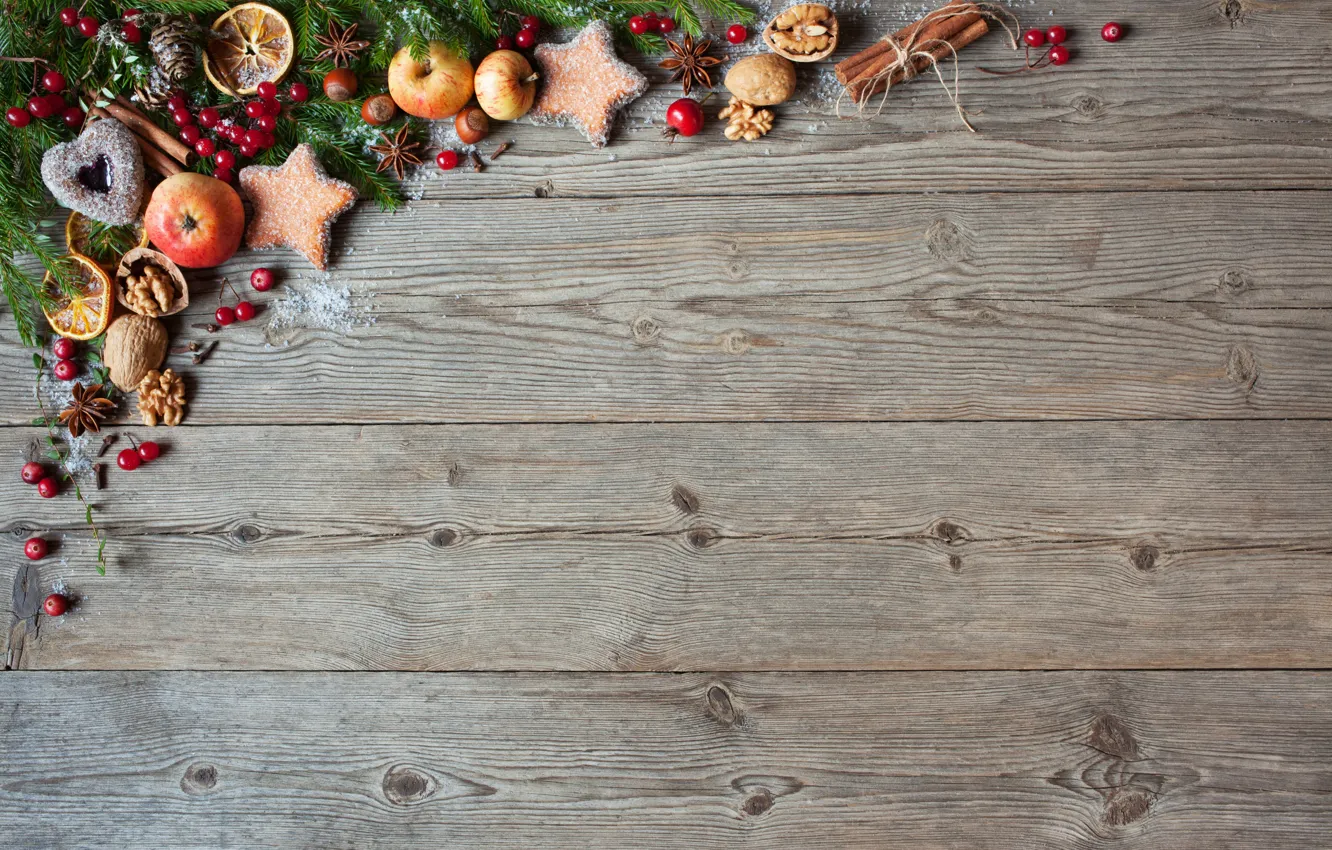 Photo wallpaper decoration, berries, balls, tree, New Year, cookies, Christmas, fruit