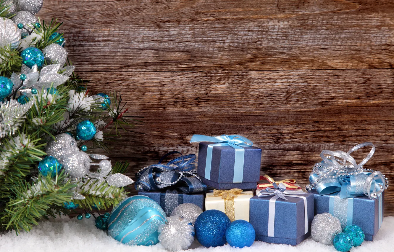 Photo wallpaper snow, balls, New Year, Christmas, wood, merry christmas, decoration, xmas