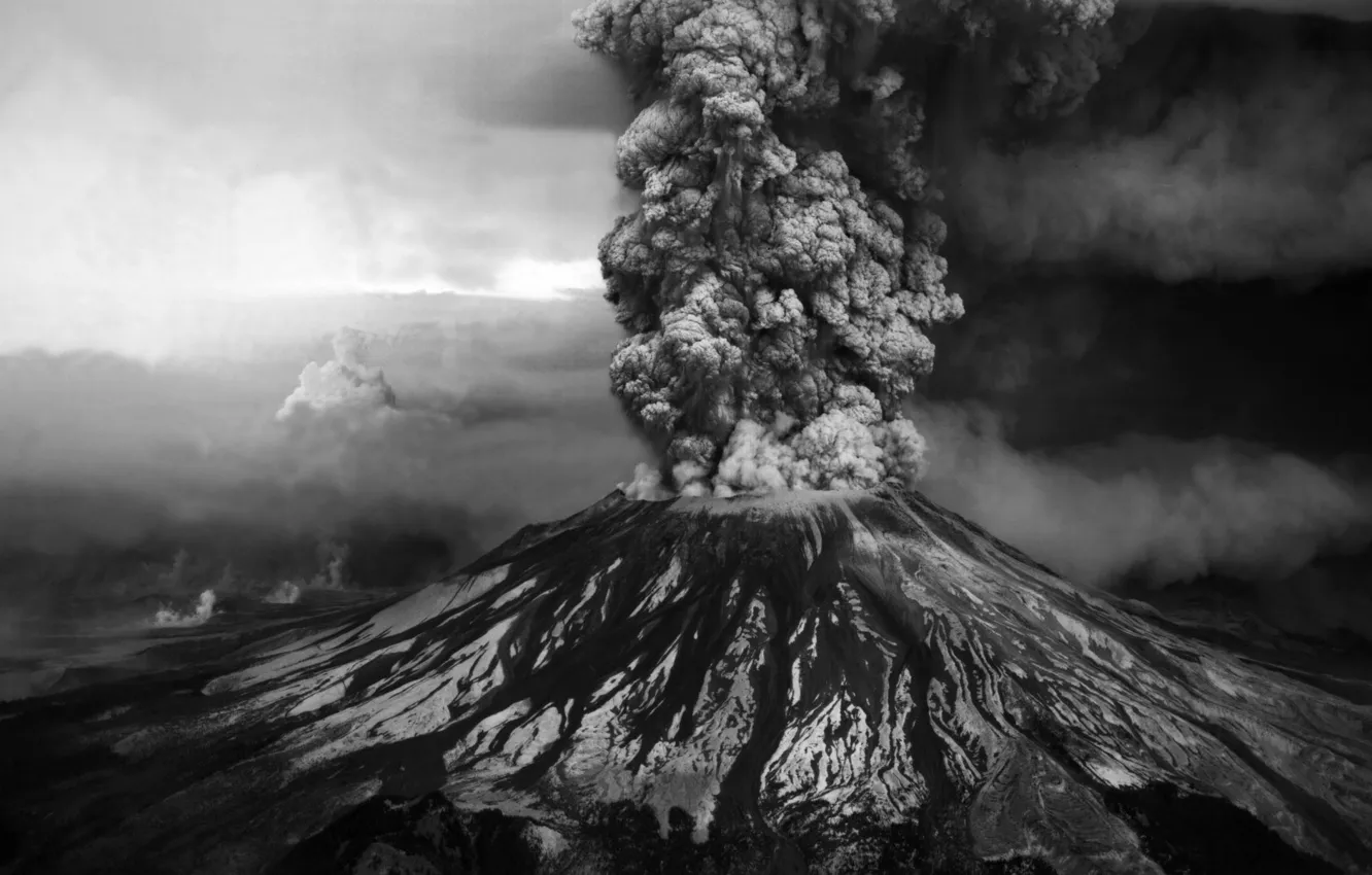 Photo wallpaper mountains, ash, photo, the volcano, the eruption, black and white, Helena, st. helens