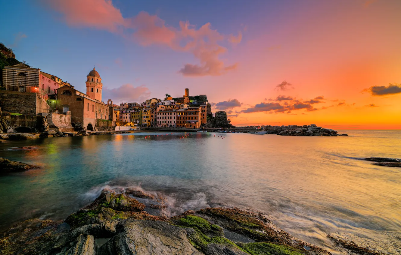 Photo wallpaper sea, landscape, sunset, coast, building, Italy, Italy, The Ligurian sea