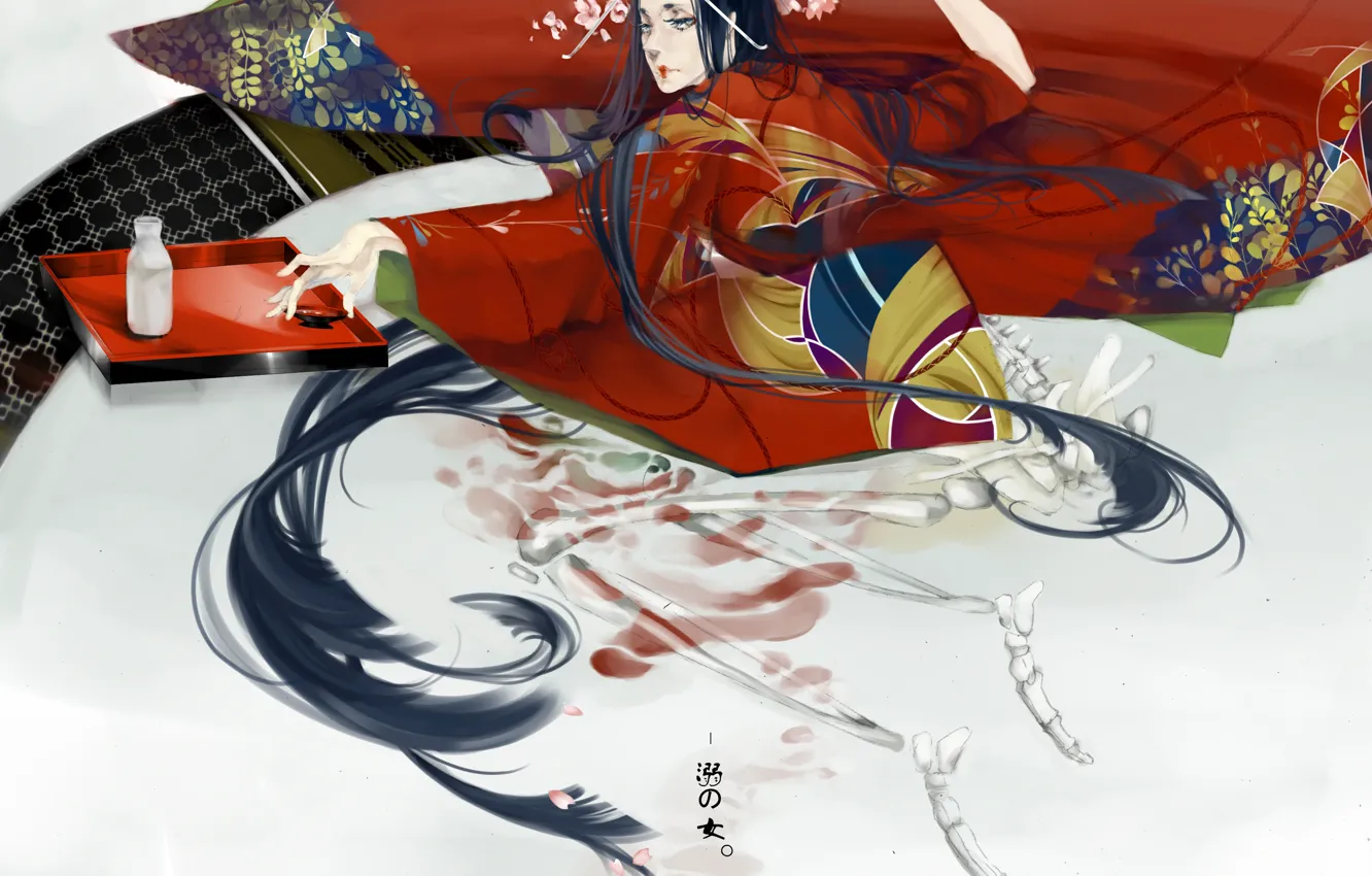 Photo wallpaper pattern, Japan, geisha, skeleton, blanket, kimono, long hair, art