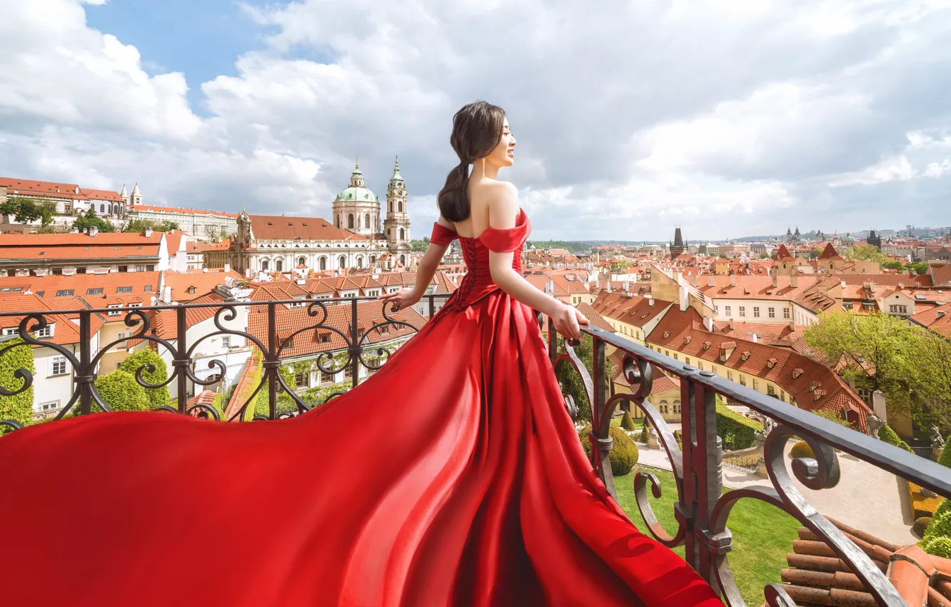 Photo wallpaper the sky, girl, clouds, light, the city, pose, smile, mood