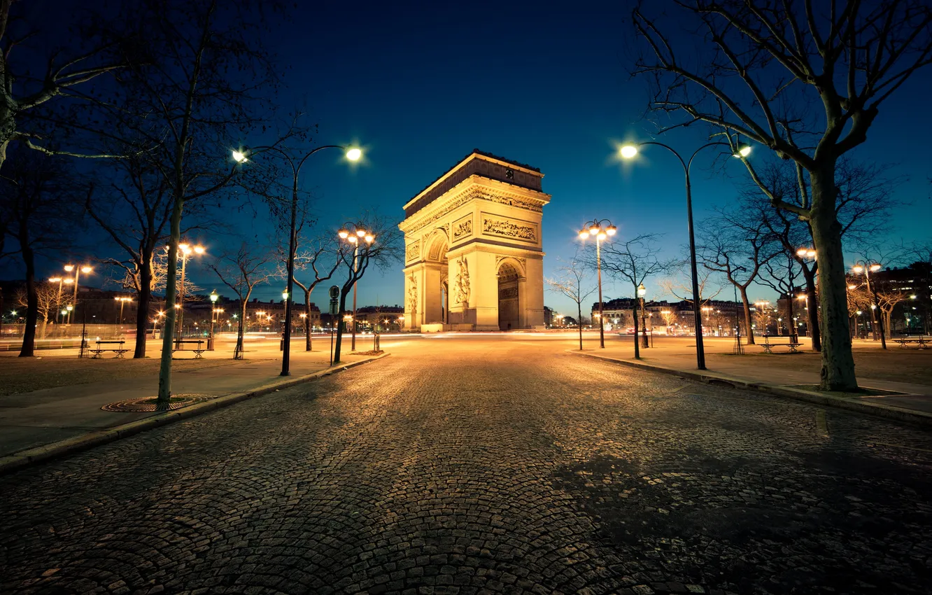 Photo wallpaper road, trees, night, the city, France, Paris, pavers, lighting