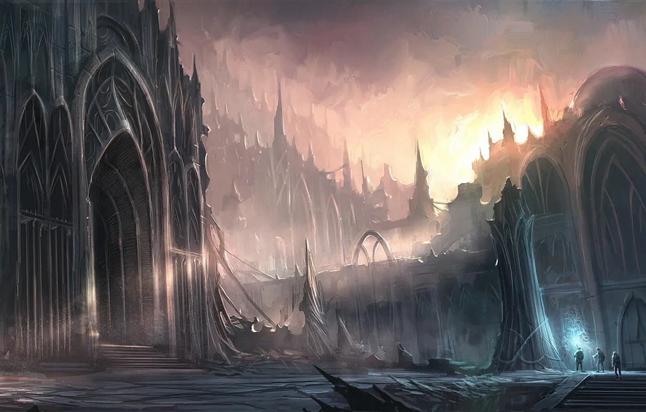 Photo wallpaper sunset, the city, building, glow, art, traveler, gloomy