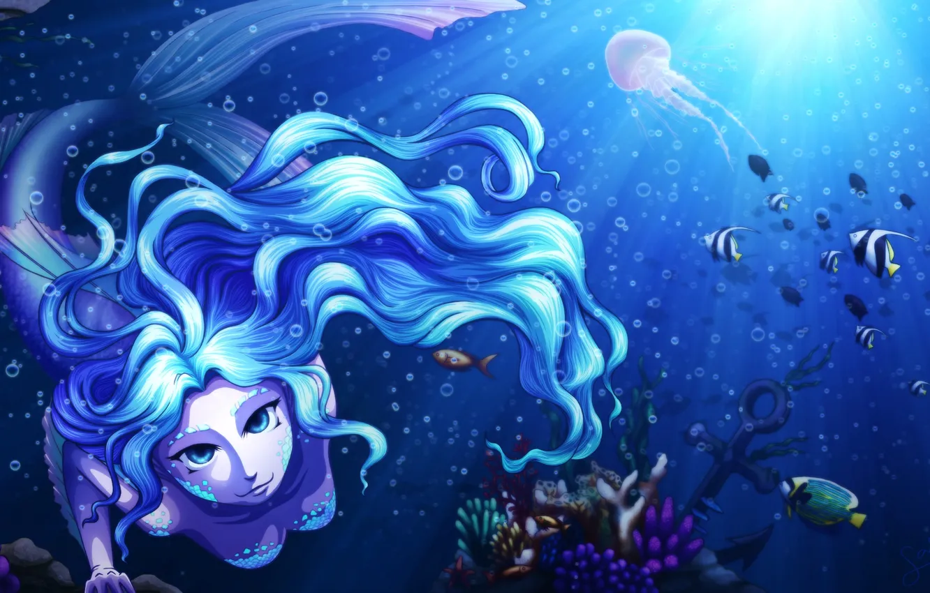 Photo wallpaper sea, eyes, look, face, fiction, the ocean, hair, mermaid